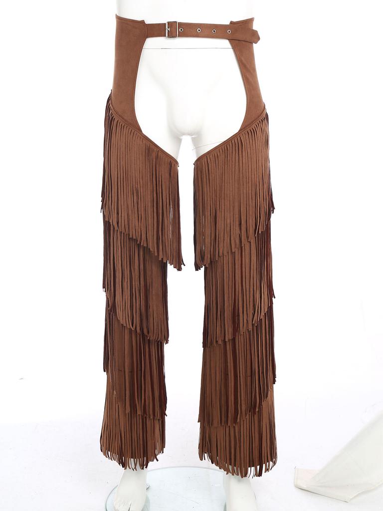 Adjustable Buckles Western Pants S-3XL for Adults Men - Cowboy Open Crotch Buttless Style with Layered Fringe for Raves Christmas Parties