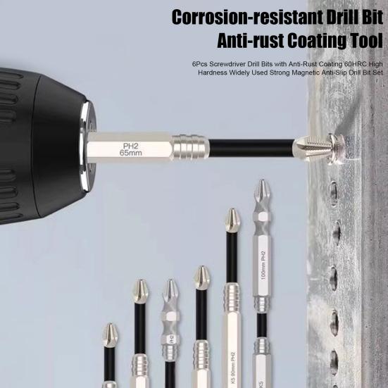6 шт. сверл для отвертки с антикоррозийным покрытием 60HRC Высокая твердость Широко используемый сильный магнитный противоскользящий набор сверл