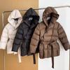 Winter Hooded Women's Down Jackets Warm Casual Lace Up Coat Puffer Jacket Belt Elegant Parka Overcoat