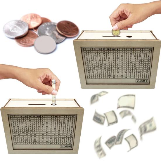 Wood Money Box with Counter 500/1000/2000/3000/5000/10000 Euros Piggy Bank Coin Cash Container