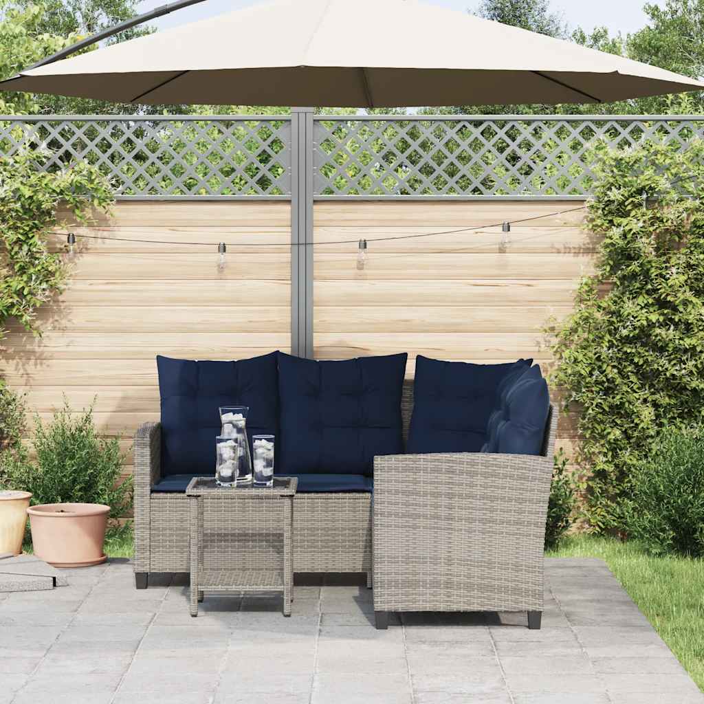 L shaped Garden Sofa Set with Table and Cushions Gray Poly Rattan