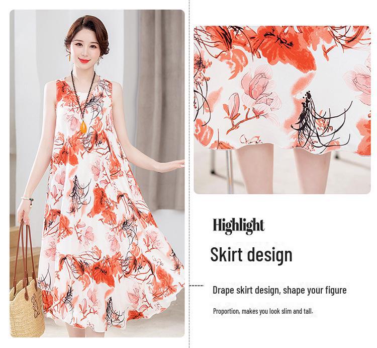Sleeveless Silk Cotton Dress for Middle-Aged Mothers - Slim Fit, Large Size, Beach Dress for Summer