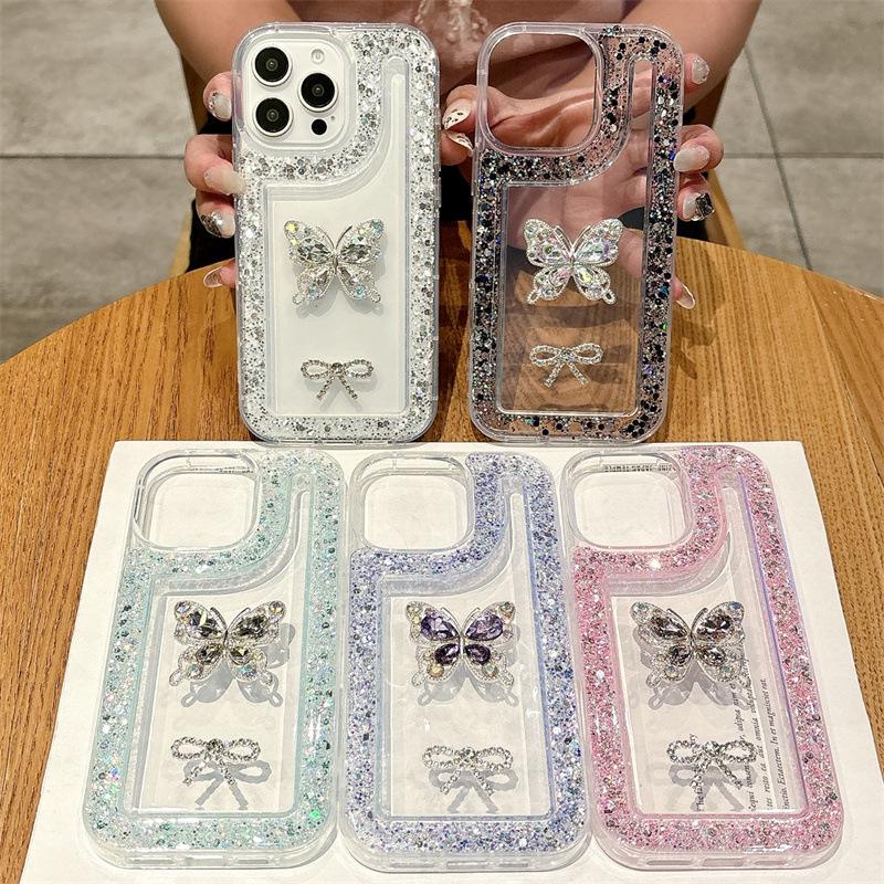 Чехол для iPhone 16 с блестками и стразами, с бантом, прозрачный дизайн, совместим с моделями Apple 11-16.
