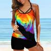 Women's Shoulder Strap Beautiful Back Swimsuit with Colorful Rose Print Bikini Short Tank Top Swimsuit