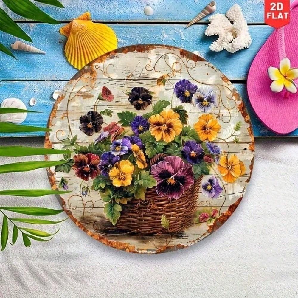 Винтажная жестяная табличка Круглая цветочная настенная art 8 дюймов Металлическая фиалка Ботанический декор Для кухни Сада Гостиной Дома