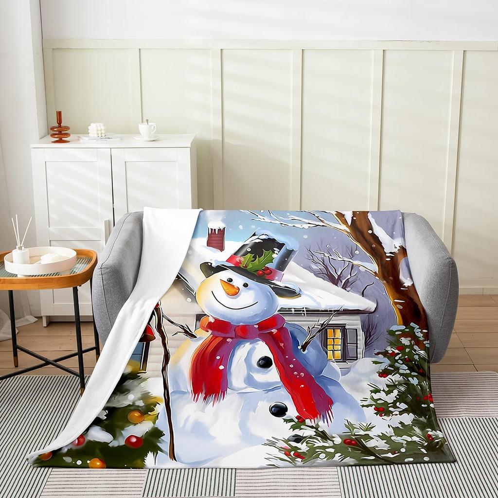 Winter Snowman Throw Blanket Cartoon Farmhouse Rustic Style Flannel Blanket for Kids Teens Adults Watercolor Pine Trees White