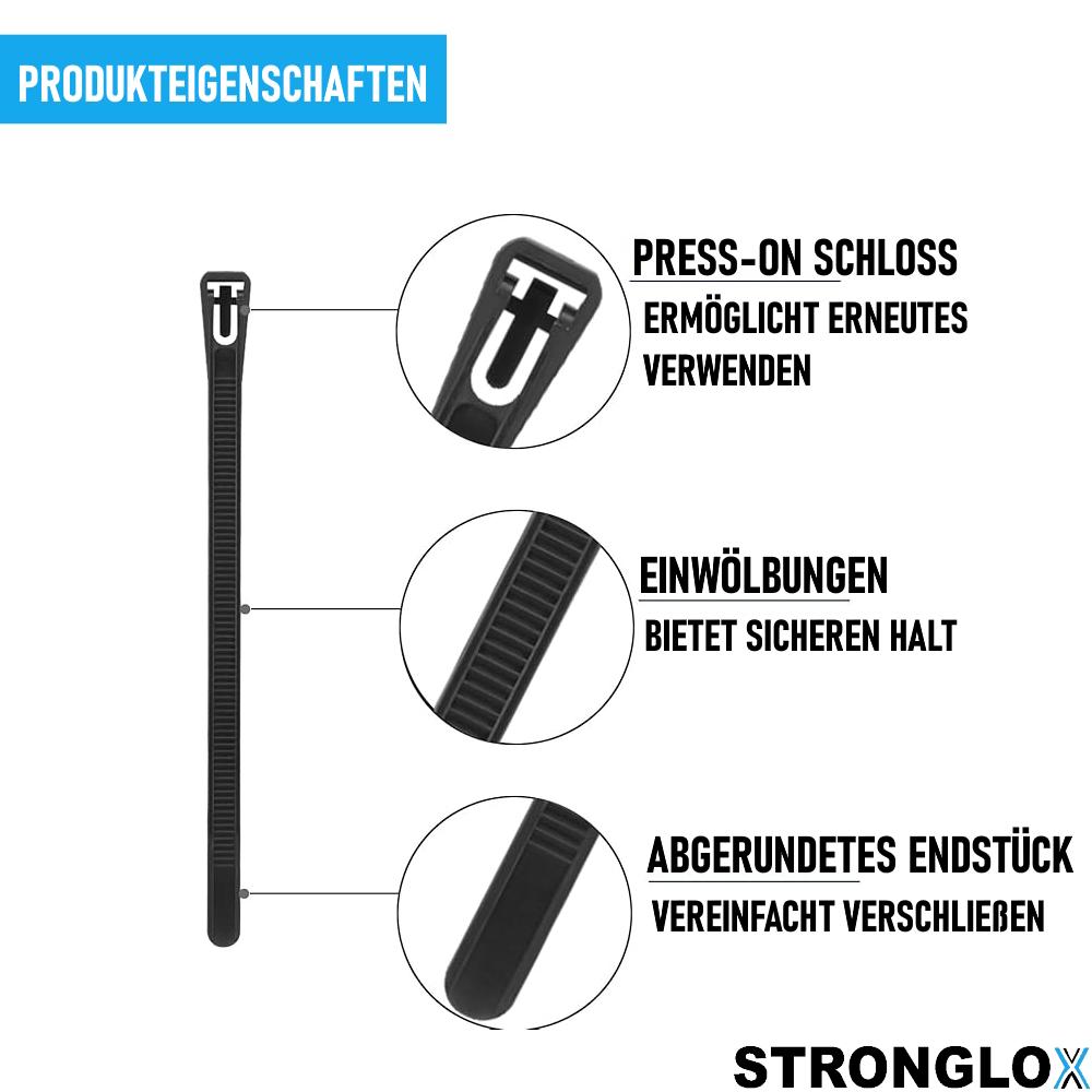 STRONGLOX 100 шт. Профессиональные кабельные стяжки Многоразовые Развязываемые Повторно развязываемые