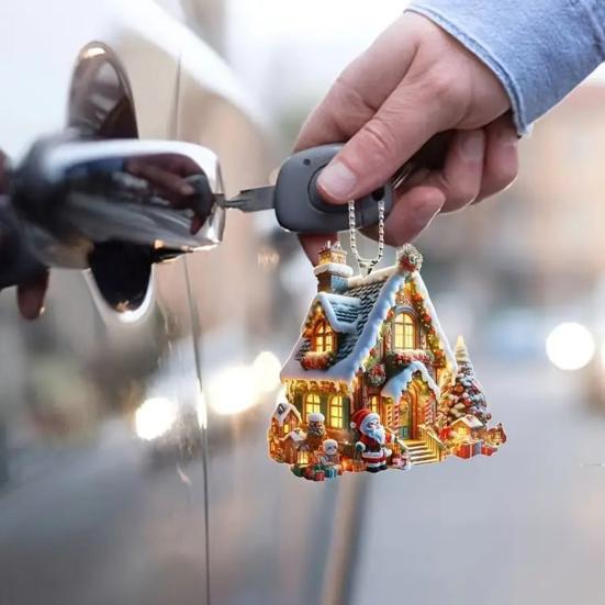 Рождественский орнамент снежный деревенский домик подвеска 2D плоский акриловый бревенчатый домик подвесное украшение для дома автомобиль елка декор