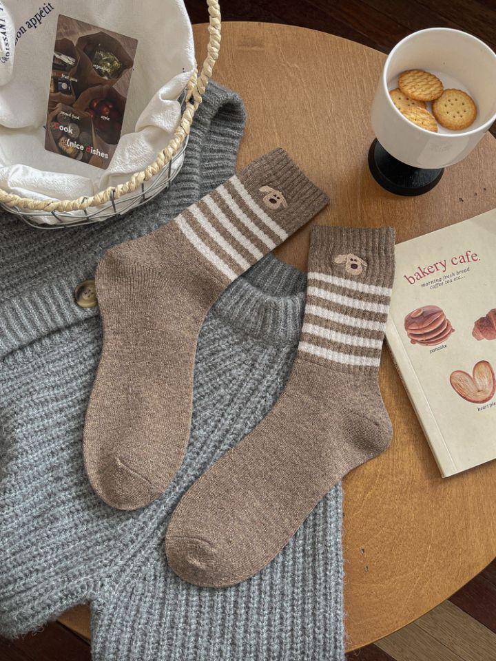 Женские шерстяные полосатые гольфы средней длины - Милая вышивка мультяшного щенка, Теплый вельвет, Толстые для осени/зимы.