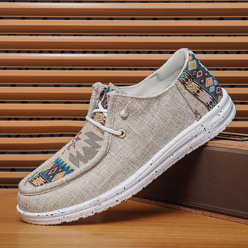 Summer New Ethnic Style Men's Shoes Linen Canvas Walking Trendy Shoes Casual Breathable Flat Plate Shoes 2025 One Step Stepping