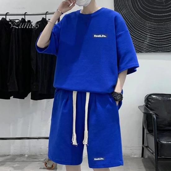 Мужской комплект из 2 предметов, повседневный спортивный костюм, шорты, летний свободный спортивный костюм с коротким рукавом, спортивный комплект, домашняя одежда с вафельной текстурой, подходящий костюм