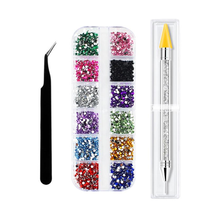 12 Grids Clear Rhinestones Flatback Shiny Crystal Ab Nail Art Gems With Tweezer And Rhinestone Picker Dotting Pen Nail Art Tools For Nails