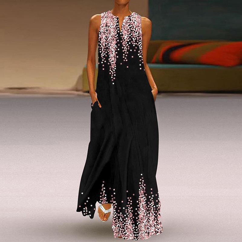 Женская мода лето весна цветочный принт без рукавов V-образный вырез свободные повседневные платья