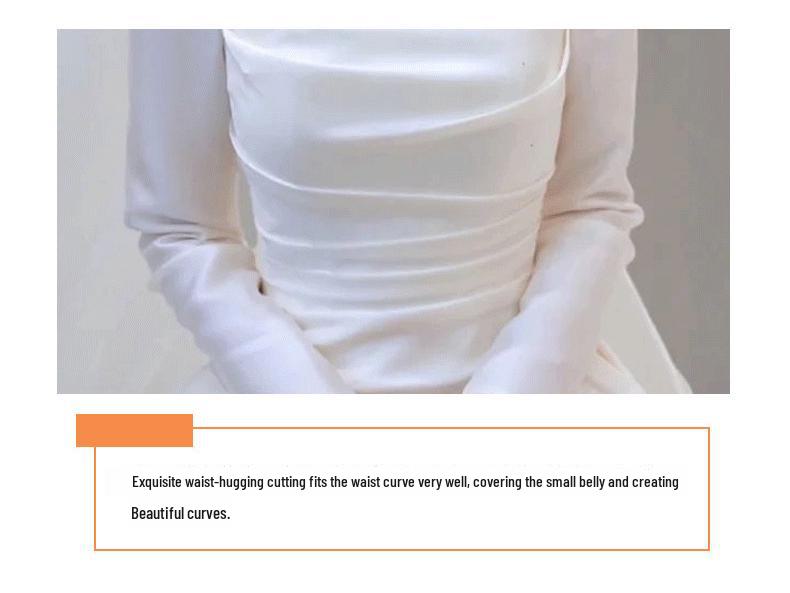 Атласное ретро-легкое свадебное платье с маленькими длинными рукавами - свадебная коллекция 2024 года