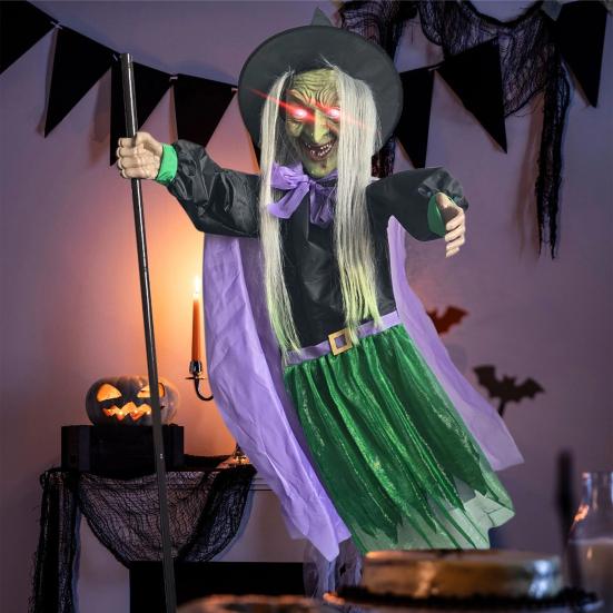 6 FT Halloween Flying Witch Decor Animated Hovering Witch with Scary Sound And Light-up Eyes for Outdoor Garden Yard Lawn Decoration