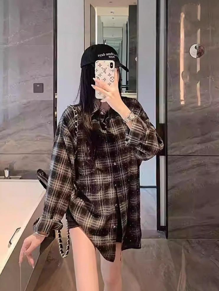 Клетчатая рубашка, украшенная стразами: Женский модный свободный кардиган с длинным рукавом для весны и осени.