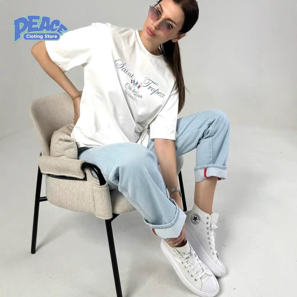 Модная и высококачественная футболка с принтом букв 100% хлопок Женская одежда для работы Летняя мода Повседневный топ с круглым вырезом