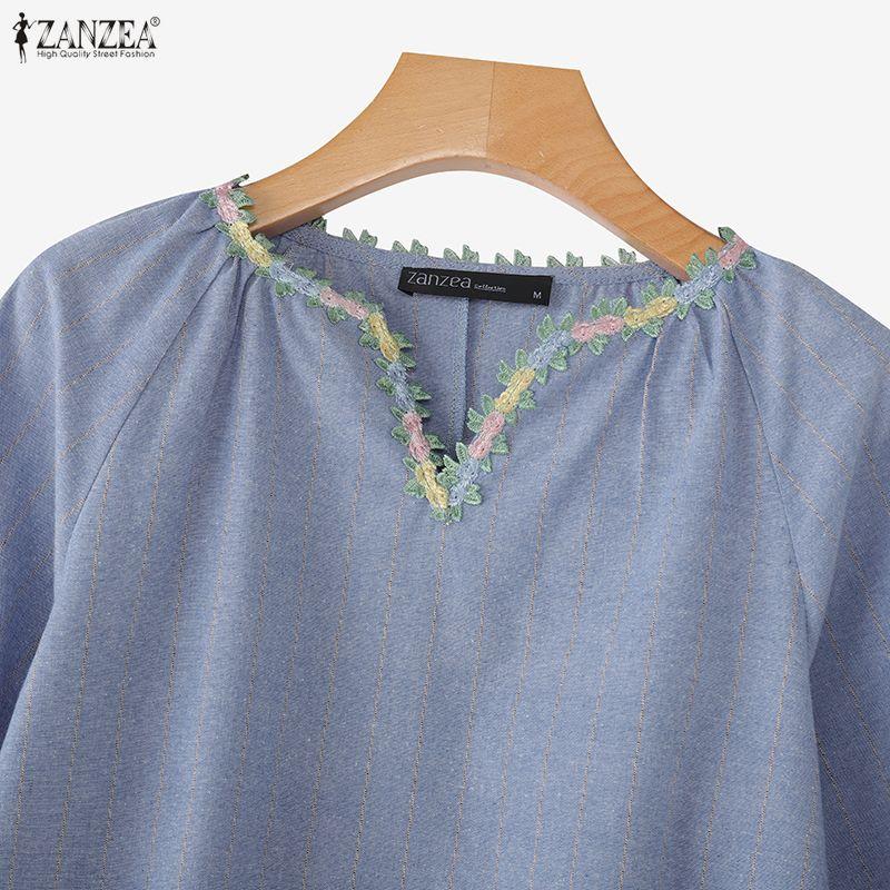 ZANZEA Женская блузка с V-образным вырезом, свободного кроя, с длинным рукавом