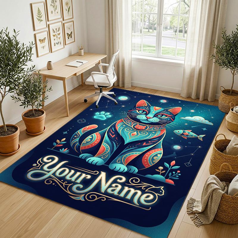 Cat Theme Crystal Velvet Rug Personalized Custom Name Text Soft Floor Mat Home Decor