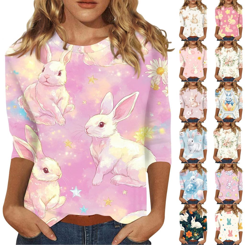 3/4 Sleeve Top Women's T-shirt Casual Easter Print Top T-shirt Crew-neck Jumper