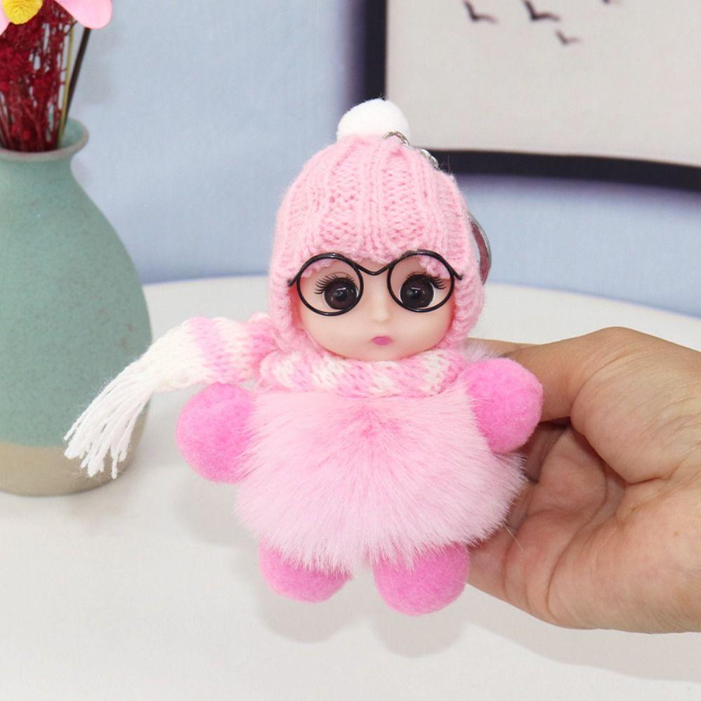 Baby Doll Pompom Keychain Eye Glass Doll Fluffy Doll Keychain Fur Ball Keyring  Jewelry Gift