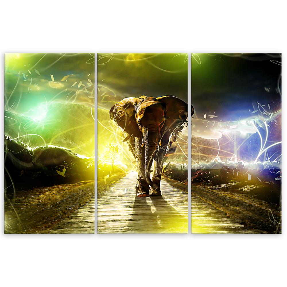 Three piece picture canvas print Elephant Animal Road Storm