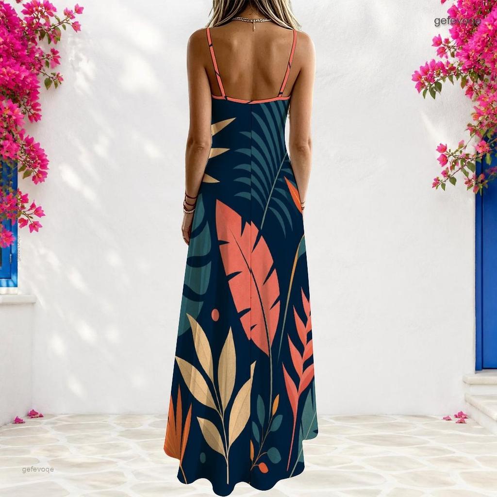 Women Plus Size V Neck Strappy Sleeveless Tropical Leaf Printed A Line Long Dress