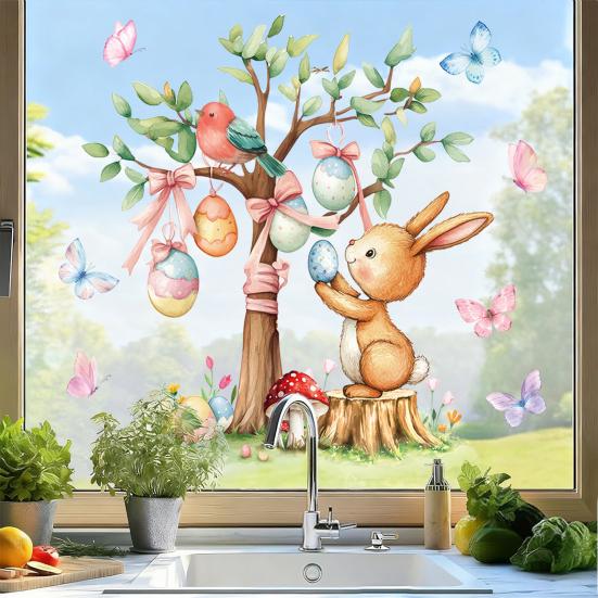 Easter Bunny Window Sticker Waterproof PVC Self-adhesive Home Office Living Room Colorful Egg Tree Rabbit Wall Art Decoration Decal