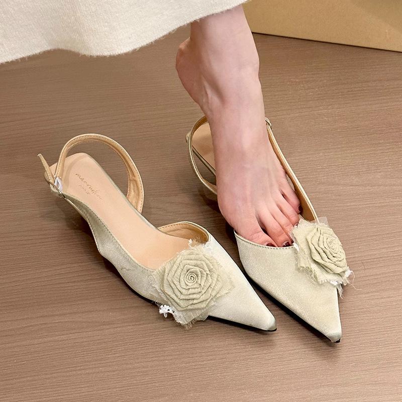 Волшебная зеленая роза! Нежный атласный розовый мешок голова пустые сандалии женские 2025 весна и лето темперамент туфли-стилеты