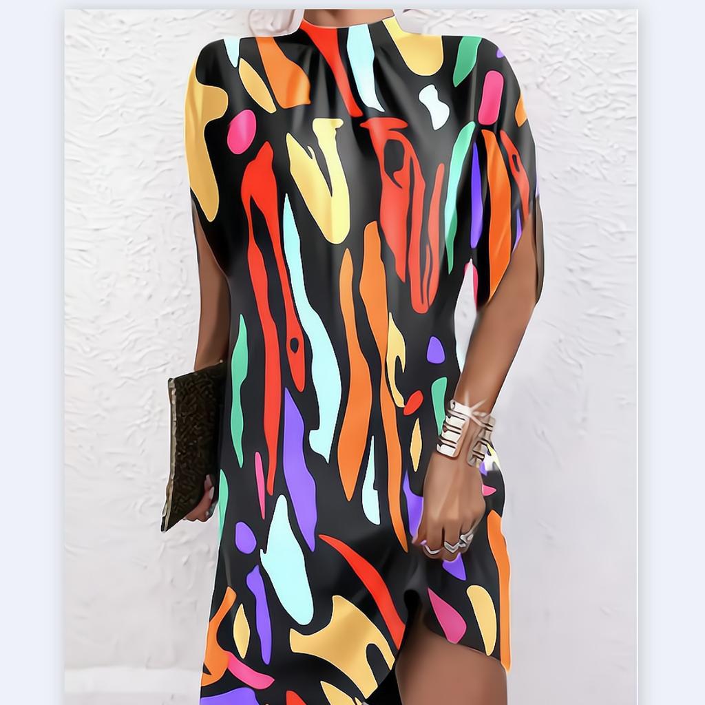 Women Summer Dress Flower Print Short Sleeve Loose Soft Breathable Colorfast Pullover Above Knee Length Mini Dress