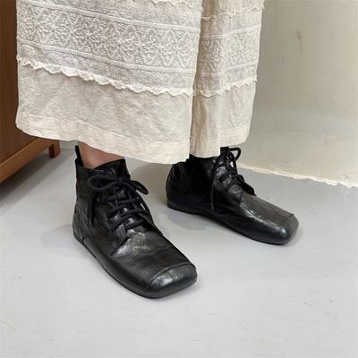 Короткие ботинки на плоской подошве из натуральной кожи в стиле ретро с квадратным носком и шнуровкой для женщин