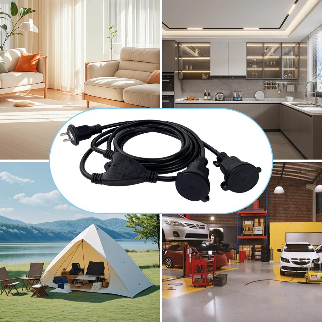 GREATIDE Rainproof Extension Cord, 2-Branch, 12A, 125V, 3m Extension Cable, Connectable, Power Cable, Power Distribution Cord, Round Plug, Rainproof,