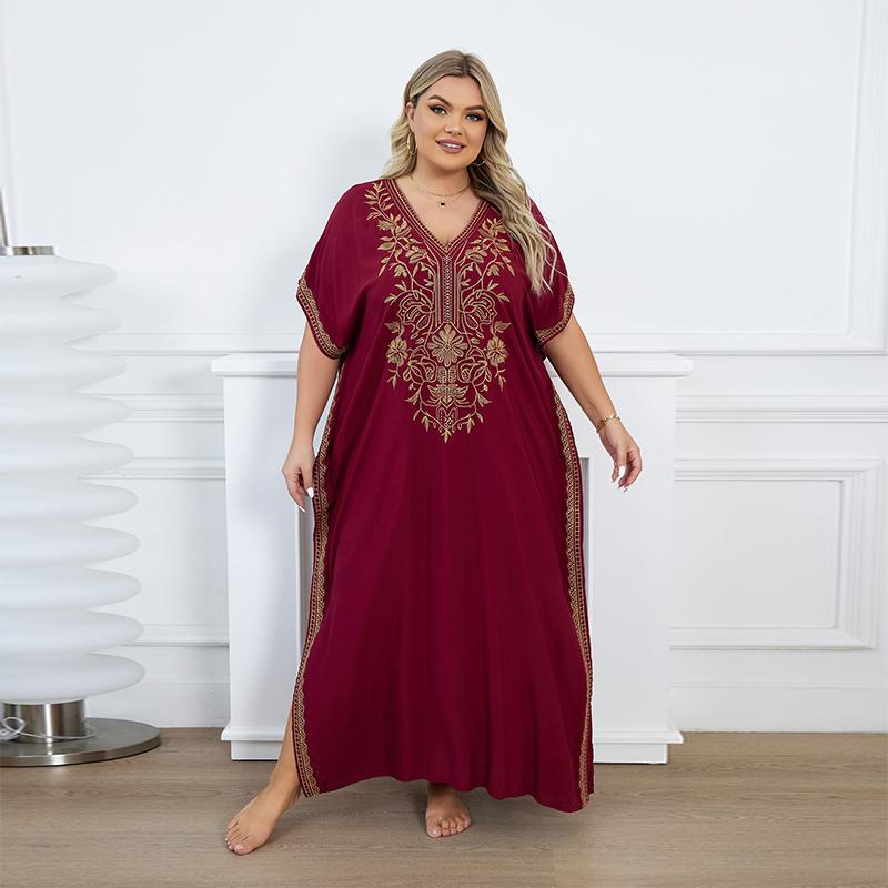 EDOLYNSA 2024 Gold Thread Embroidered Plus Size Casual Vacation Beach Dress Summer Swimsuit Coverup For Women V Neck Bat Sleeve Black Kaftan