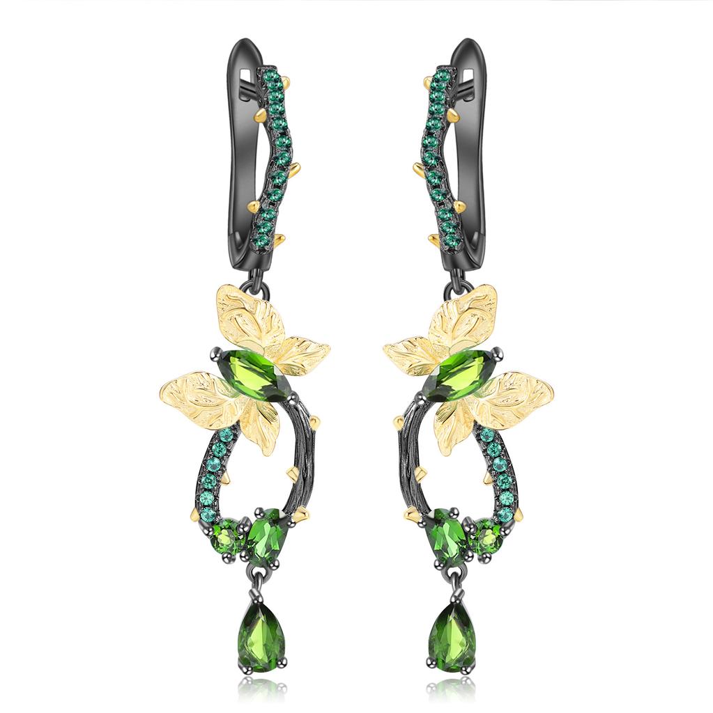 Дизайнерские серьги-бабочки в естественном стиле, серебряные серьги 925 пробы с диопсидом из натурального драгоценного камня