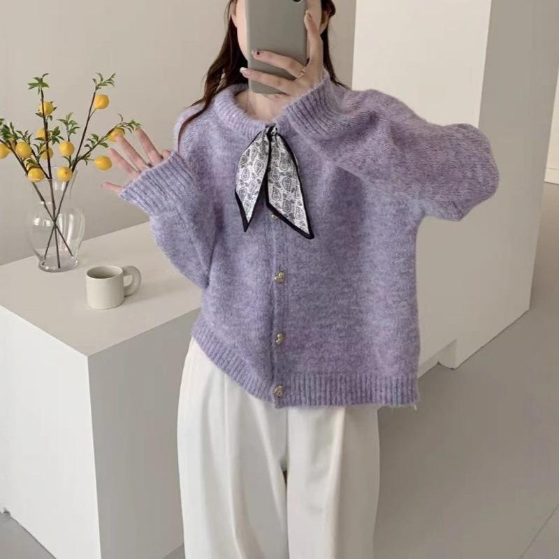 Шелковый лоскутный вязаный кардиган - Женский осенне-зимний корейский стиль, свободный крой, круглый вырез