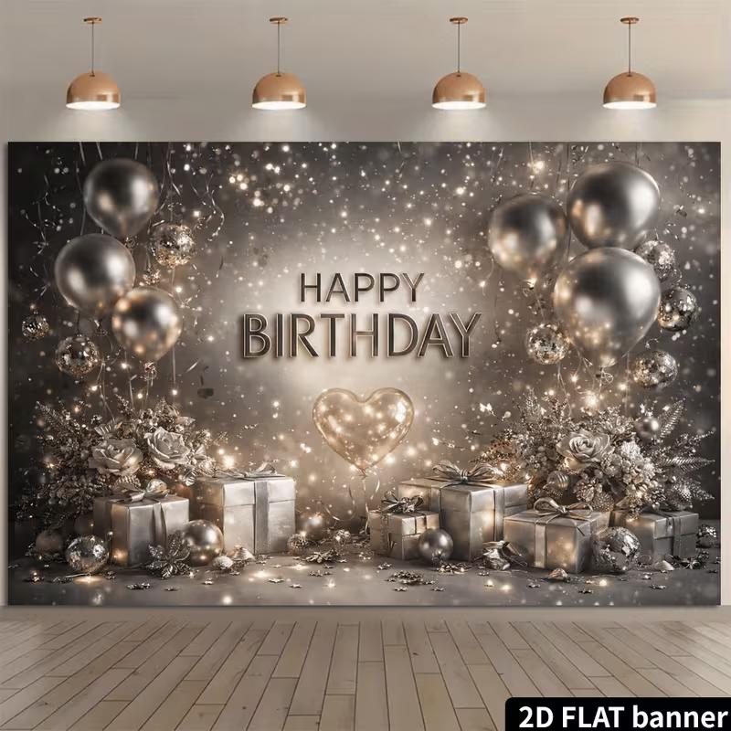 2D Luxury Silver Glitter Happy Birthday Backdrop Banner for Women Birthday Party