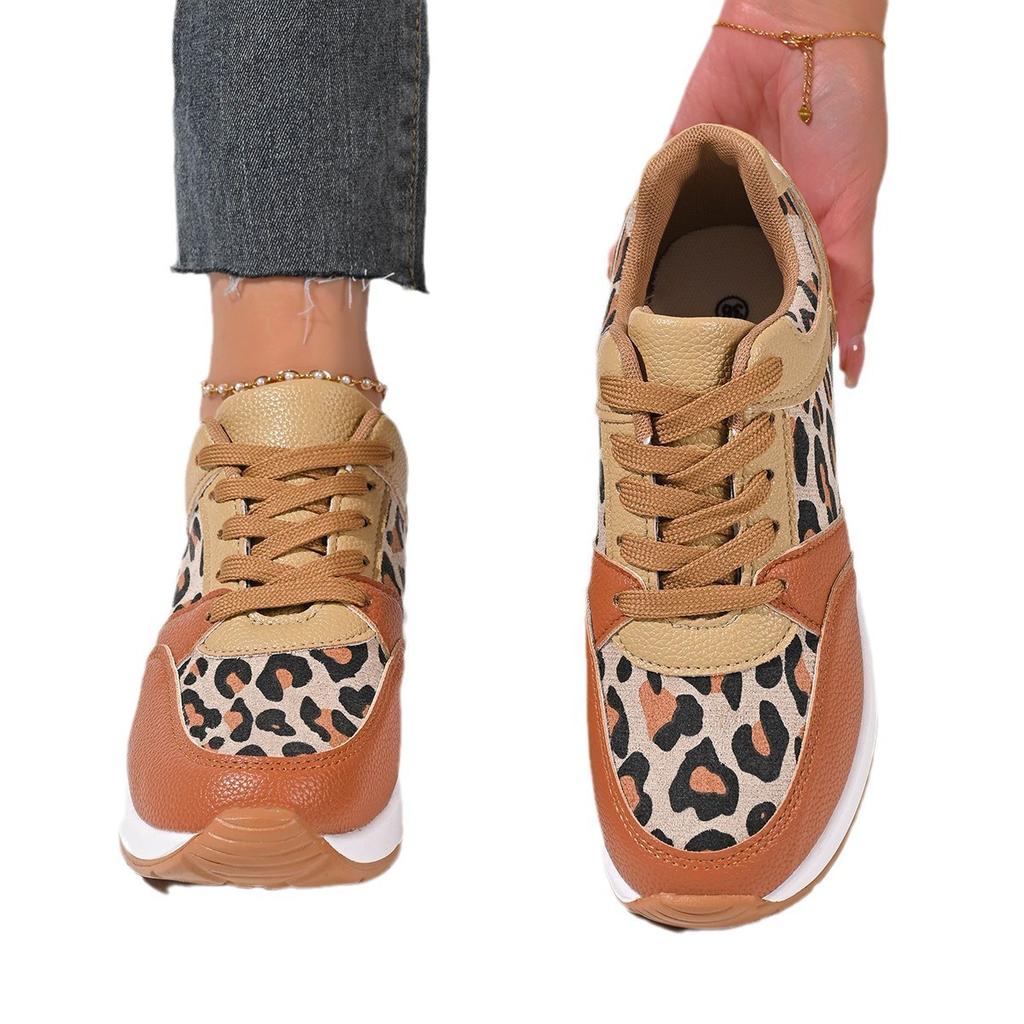 2025 Новые повседневные кроссовки на шнуровке с плоским леопардовым принтом, женские больших размеров, на все сезоны, одинарная обувь, кроссовки для бега