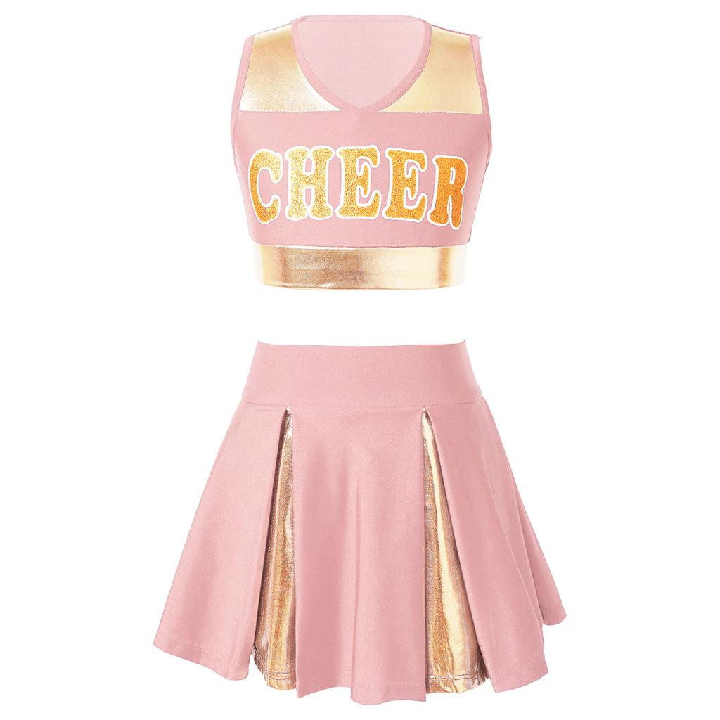 Kids Girls Stylish Cheerleading Dance Wear Sleeveless V Neck Crop Top with Skirt 2Pcs Clothes Set