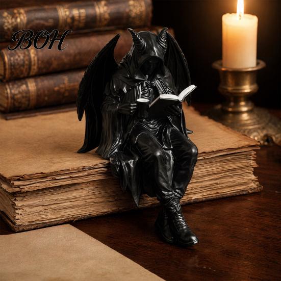 Skeleton Desktop Decor Halloween Reading Book Figurine, Spooky Devil Resin Sculpture, Gothic Winged Sculpture Black Robe Grim Reaper Statue