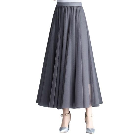 Women Midi Skirt Elastic High Waist Long Skirt with Solid Mesh Hem Solid Color A-Line Skirt Daily Wear