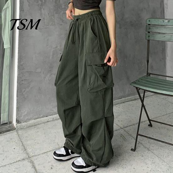 Trousers Women Cargo Pants Hip Hop Baggy Solid Color Multi Pockets Elastic Waist Match Top Loose Breathable Lady Clothes