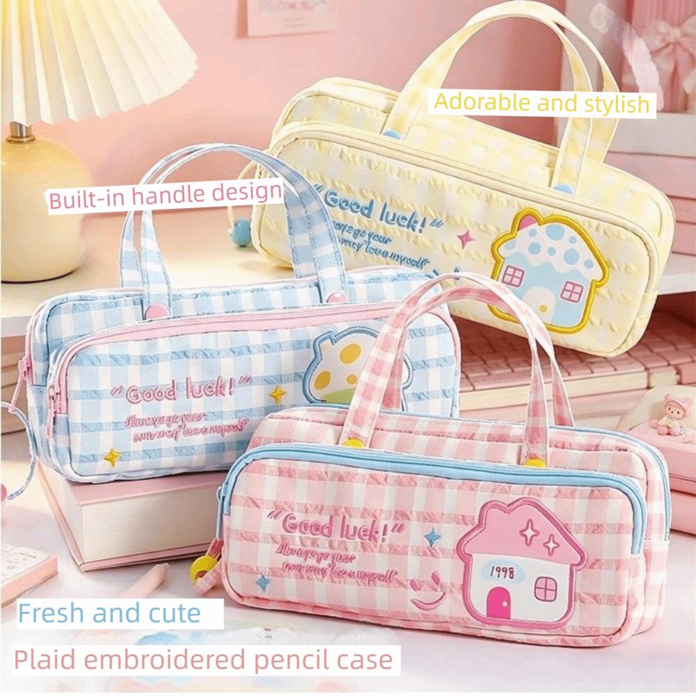 Double Layer Pencil Case Plaid Pen Bag High Beauty Stationery Box Students