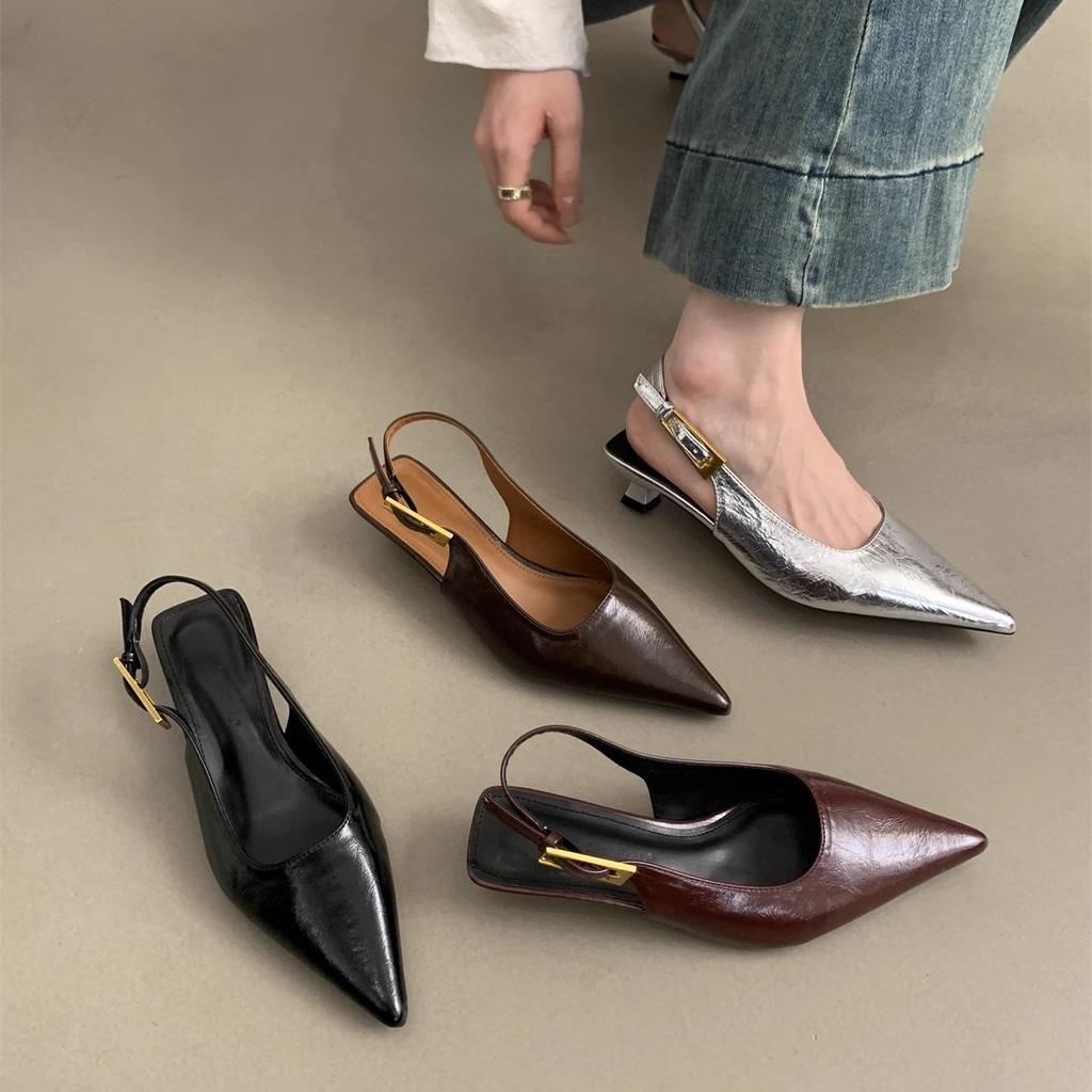 2025 тонкий низкий каблук темперамент мягкая кожа острый сказочный простой повседневный мешок голова сандалии одинарные туфли ремешок сзади маленькие кожаные туфли