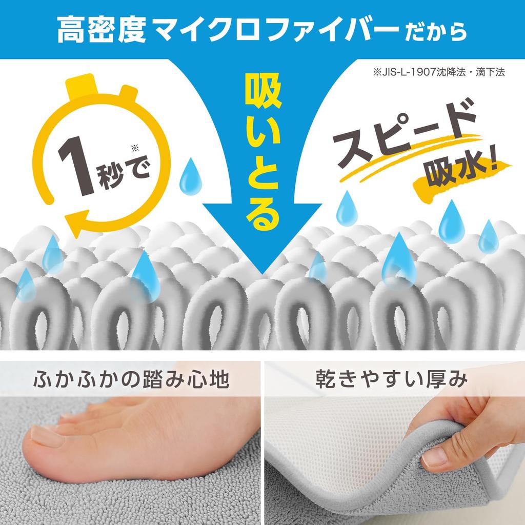 Instant Absorbent Bath Mat 57 X 40 Antibacterial and Suitable for a Family of 5 Gekiochi-kun (M, Approx. Cm), Gray, Odor-Resistant, Non-Slip,