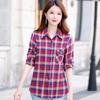 Women's Spring and Autumn Plaid Shirt Standing Collar Long Sleeve Shirt Vintage Loose Shirt