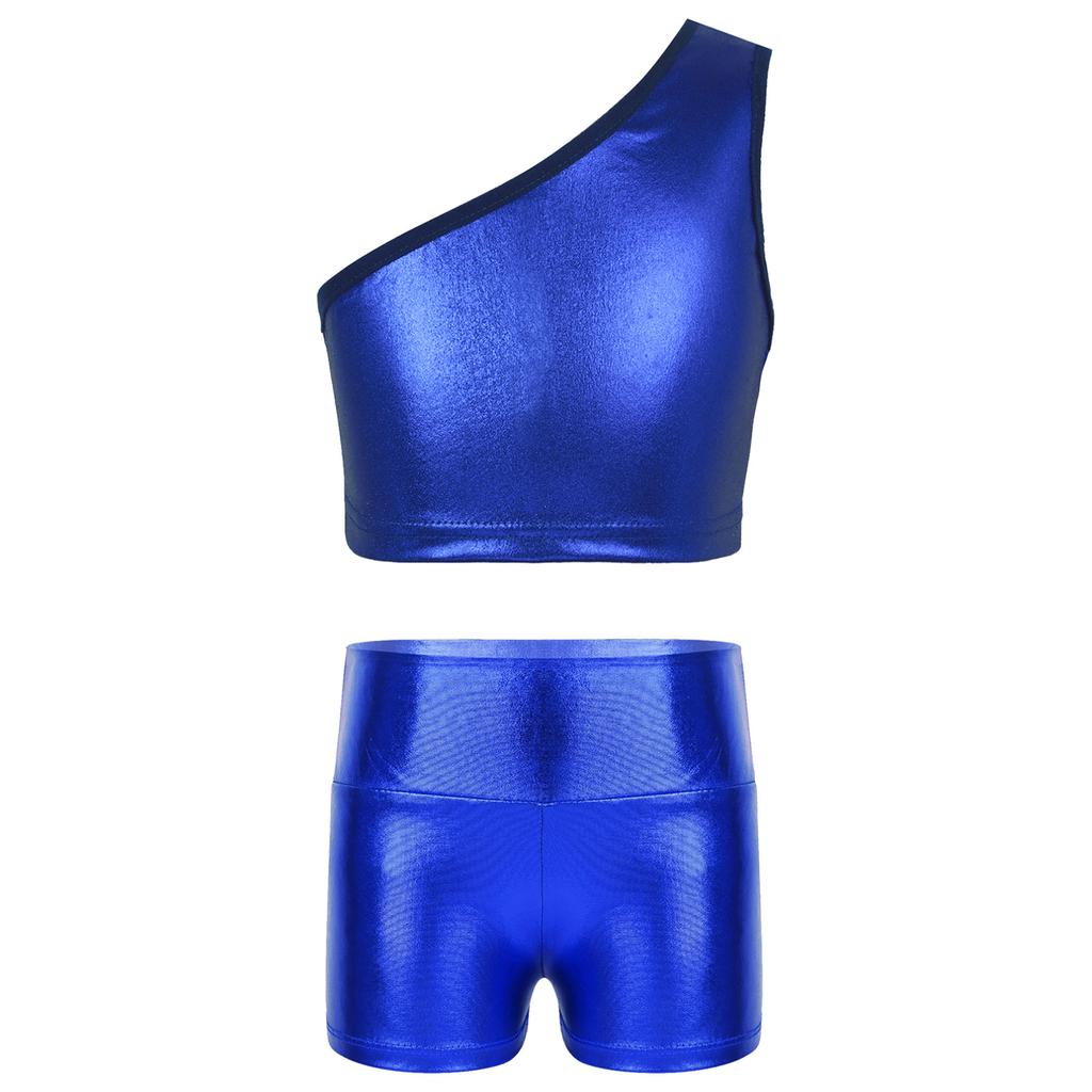Kids Girls Metallic Single Shoulder Crop Top with High Waist Shorts for Sports Gymnastics Workout