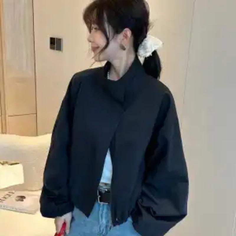 Осень и Зима Новый Стиль Стойка Воротник Карман на Молнии Модная Однотонная Кулиска Свободная Куртка