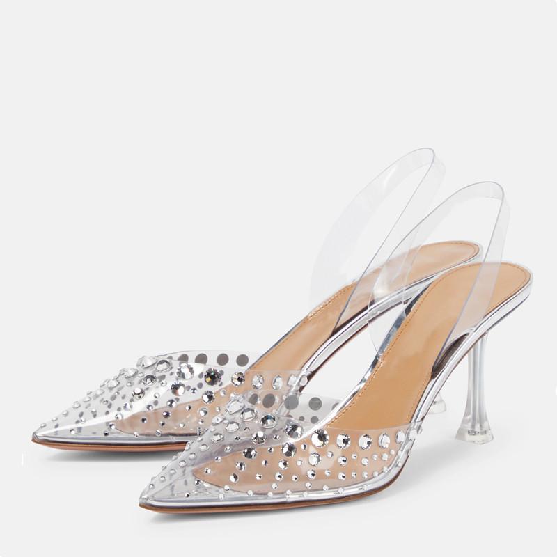 Модные Блестящие Стразы Прозрачные ПВХ Женские Туфли Модные Летние Слингбэки Прозрачные Кристальные Высокие каблуки Женские Свадебные Туфли для Выпускного