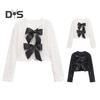 Women Sequin Jacket Big Bow Decor Loose Round Neck Long Sleeves Solid Color Cardigan Coat Short Type Outerwear for Dating Commuting Club Party