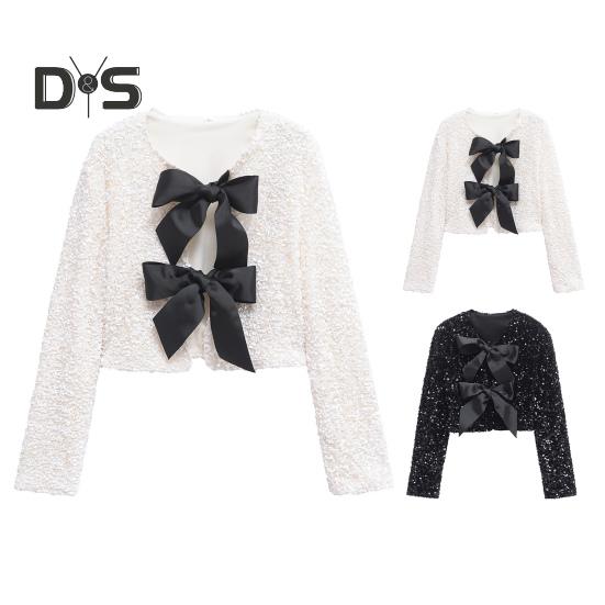 Women Sequin Jacket Big Bow Decor Loose Round Neck Long Sleeves Solid Color Cardigan Coat Short Type Outerwear for Dating Commuting Club Party